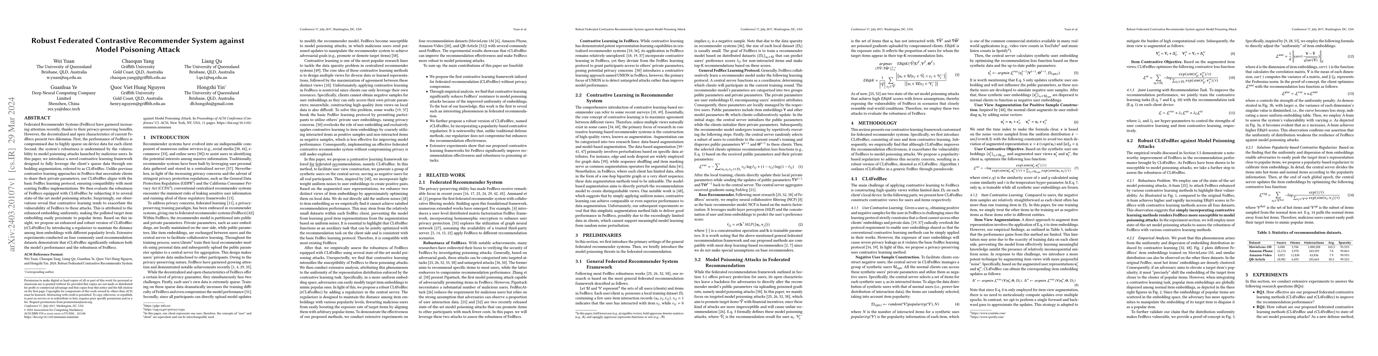 Thumbnail for Robust Federated Contrastive Recommender System against Model Poisoning
  Attack