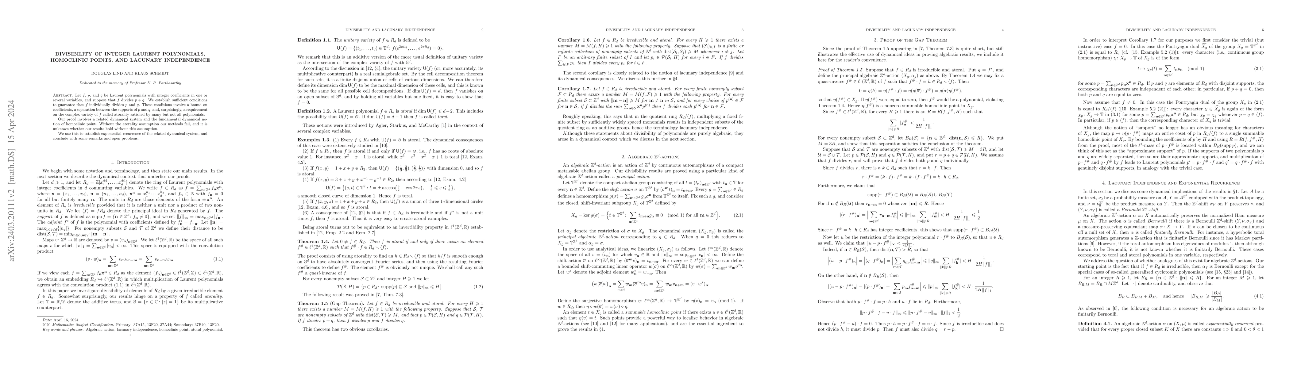Thumbnail for Divisibility of Integer Laurent Polynomials, Homoclinic Points, and
  Lacunary Independence