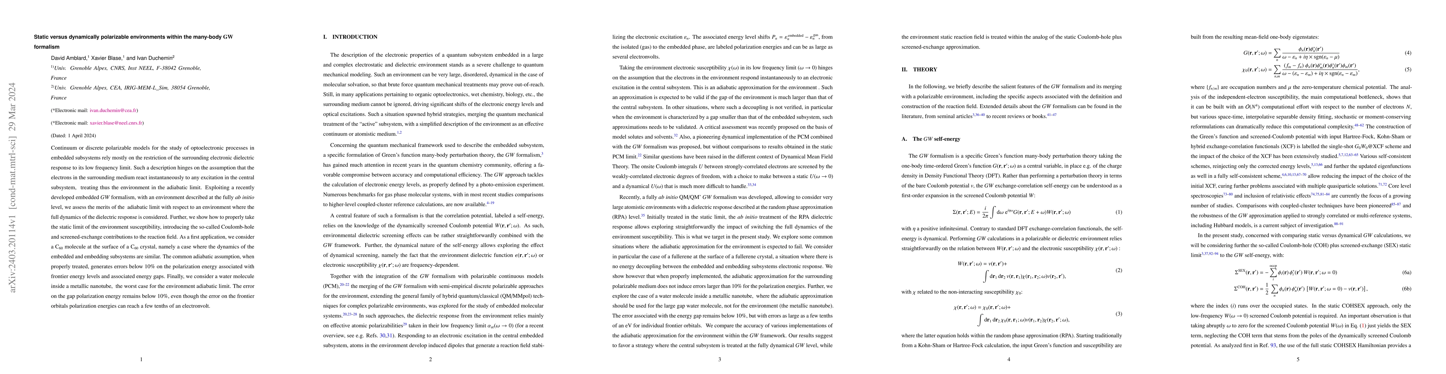 Thumbnail for Static versus dynamically polarizable environments within the many-body
  $\bf{GW}$ formalism