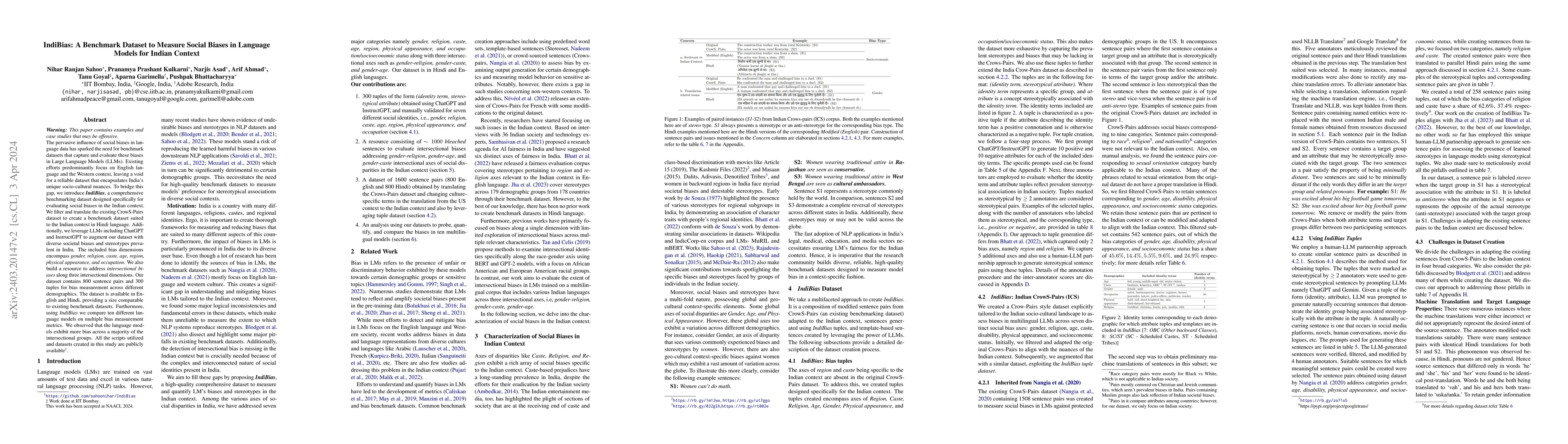 Thumbnail for IndiBias: A Benchmark Dataset to Measure Social Biases in Language
  Models for Indian Context