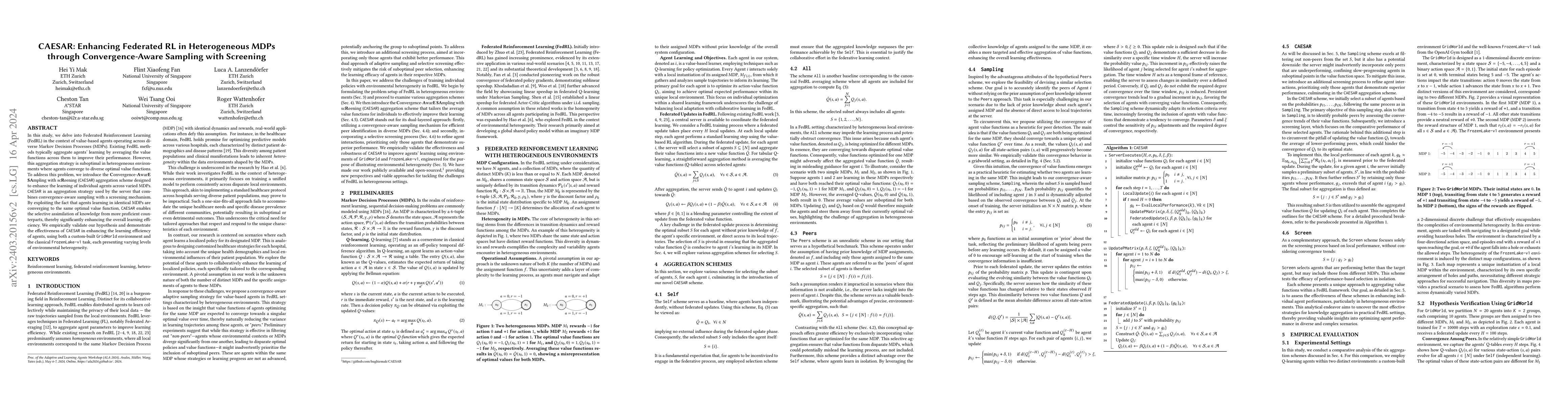 Thumbnail for CAESAR: Enhancing Federated RL in Heterogeneous MDPs through
  Convergence-Aware Sampling with Screening