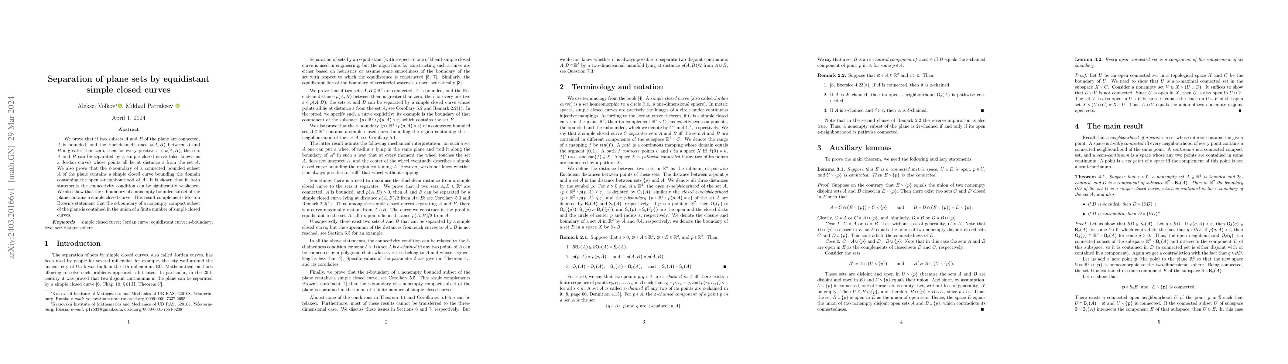 Thumbnail for Separation of plane sets by equidistant simple closed curves