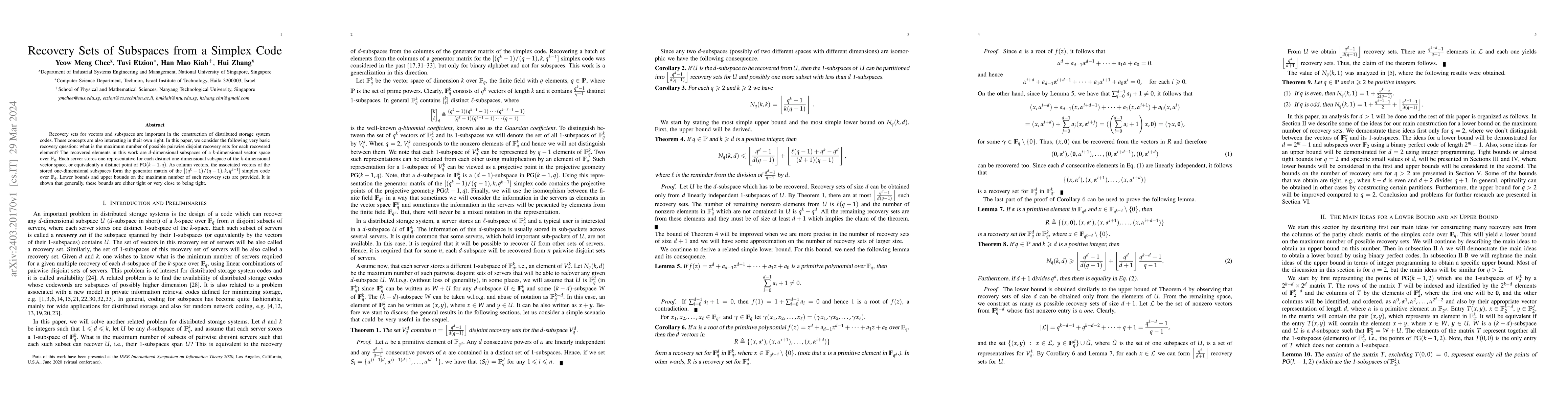 Thumbnail for Recovery Sets of Subspaces from a Simplex Code