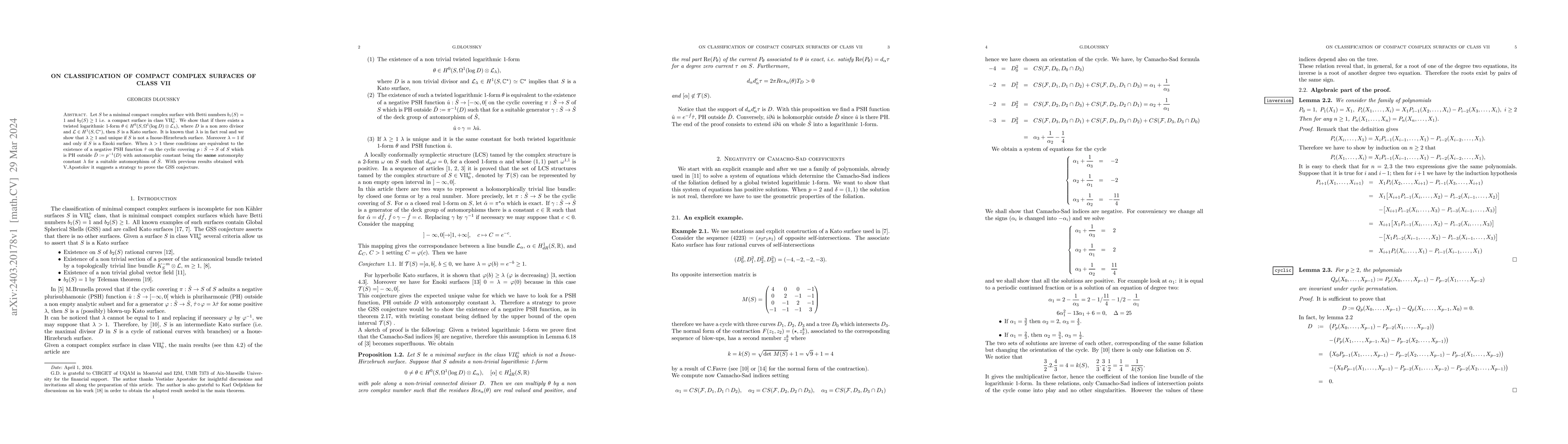 Thumbnail for On Classification of compact complex surfaces of class VII