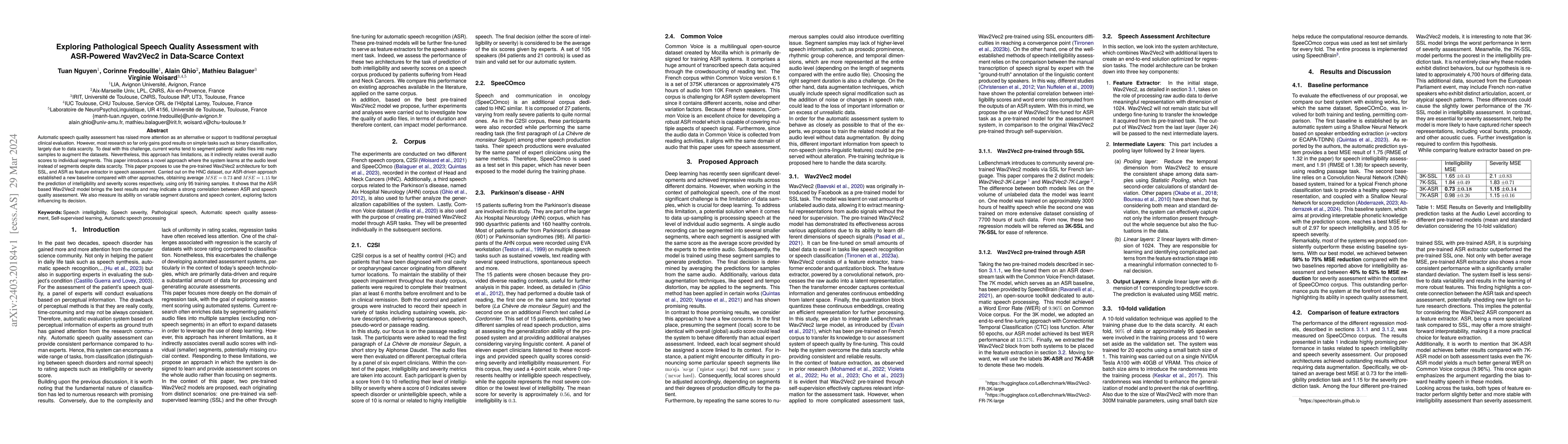 Thumbnail for Exploring Pathological Speech Quality Assessment with ASR-Powered
  Wav2Vec2 in Data-Scarce Context