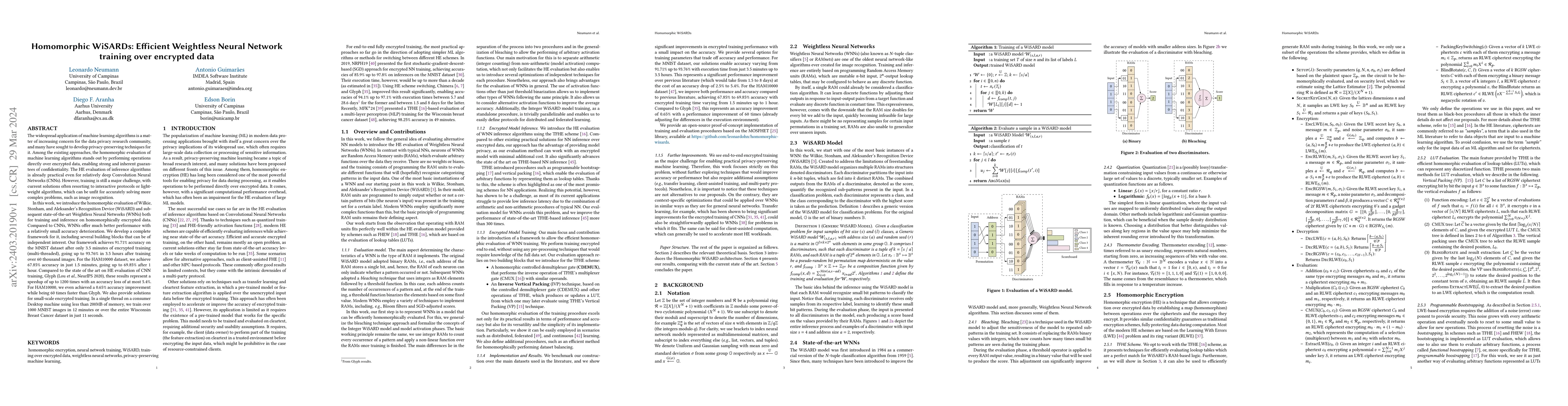 Thumbnail for Homomorphic WiSARDs: Efficient Weightless Neural Network training over
  encrypted data