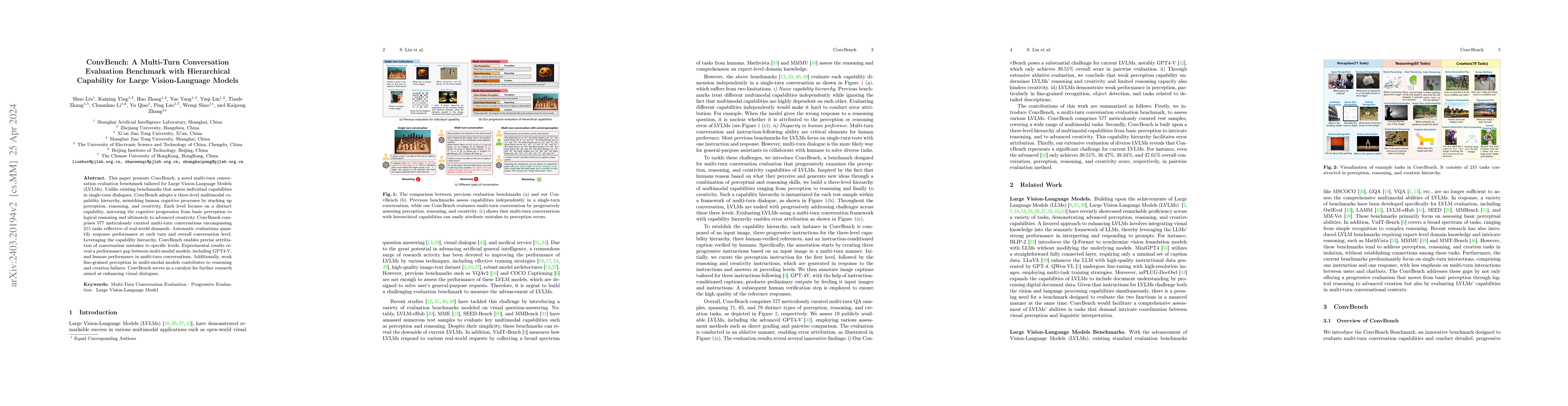 Thumbnail for ConvBench: A Multi-Turn Conversation Evaluation Benchmark with
  Hierarchical Capability for Large Vision-Language Models