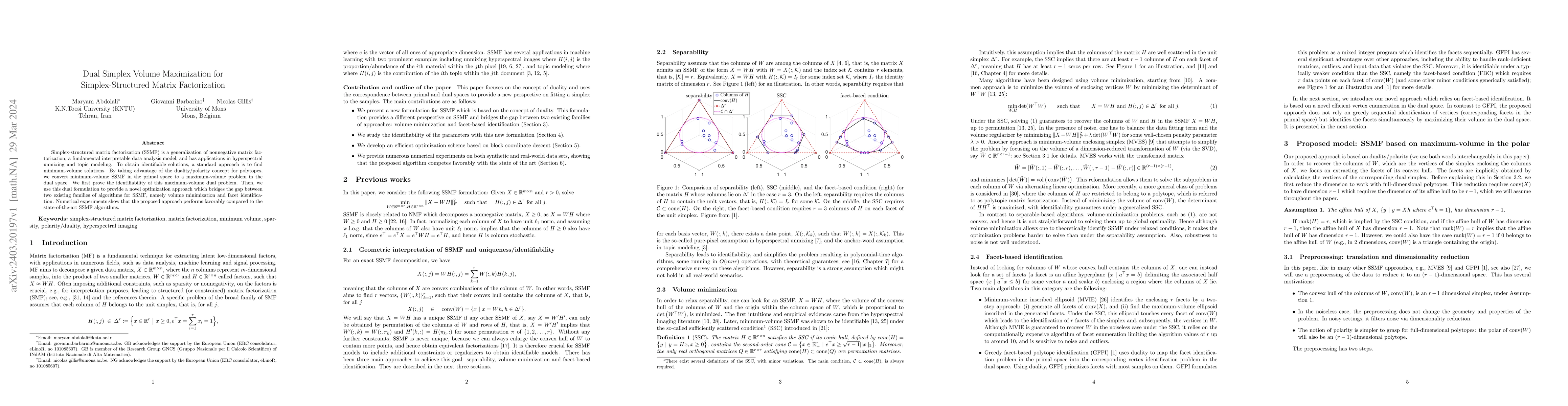 Thumbnail for Dual Simplex Volume Maximization for Simplex-Structured Matrix
  Factorization
