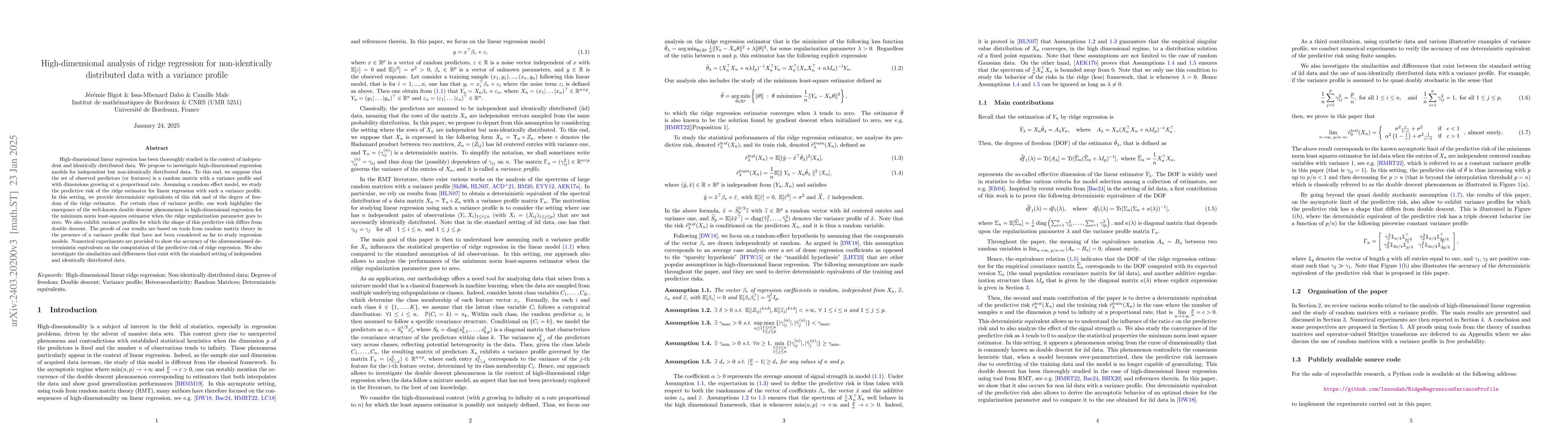 Thumbnail for High-dimensional analysis of ridge regression for non-identically
  distributed data with a variance profile