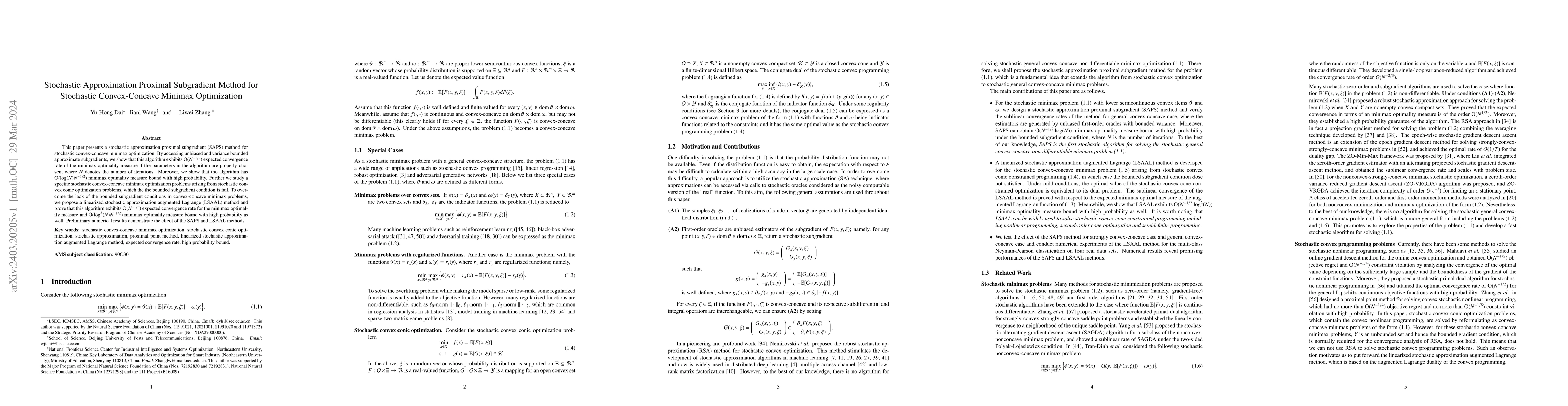 Thumbnail for Stochastic Approximation Proximal Subgradient Method for Stochastic
  Convex-Concave Minimax Optimization