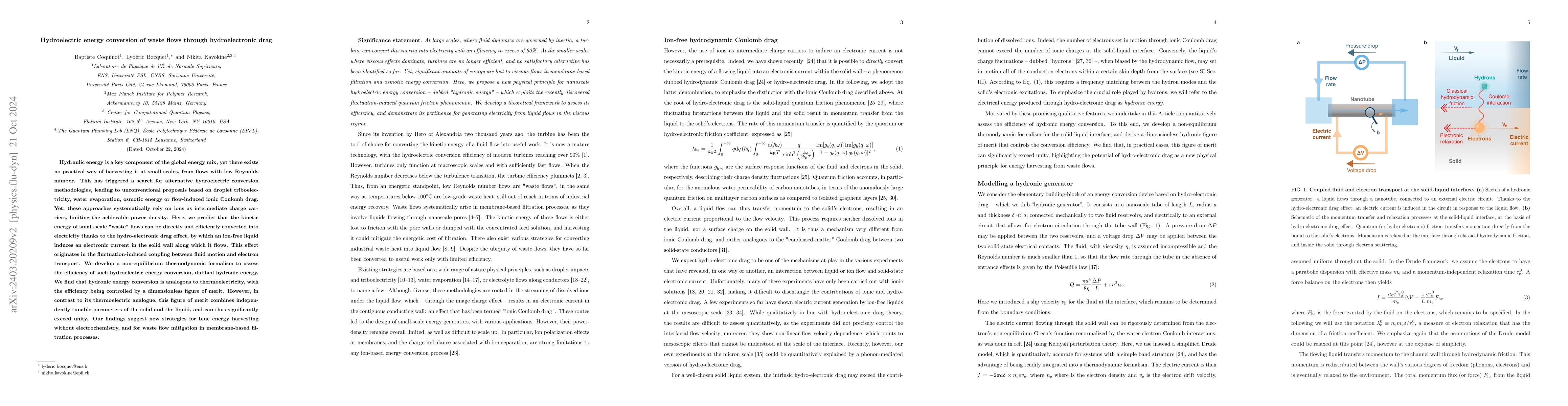 Thumbnail for Hydroelectric energy conversion of waste flows through hydro-electronic
  drag