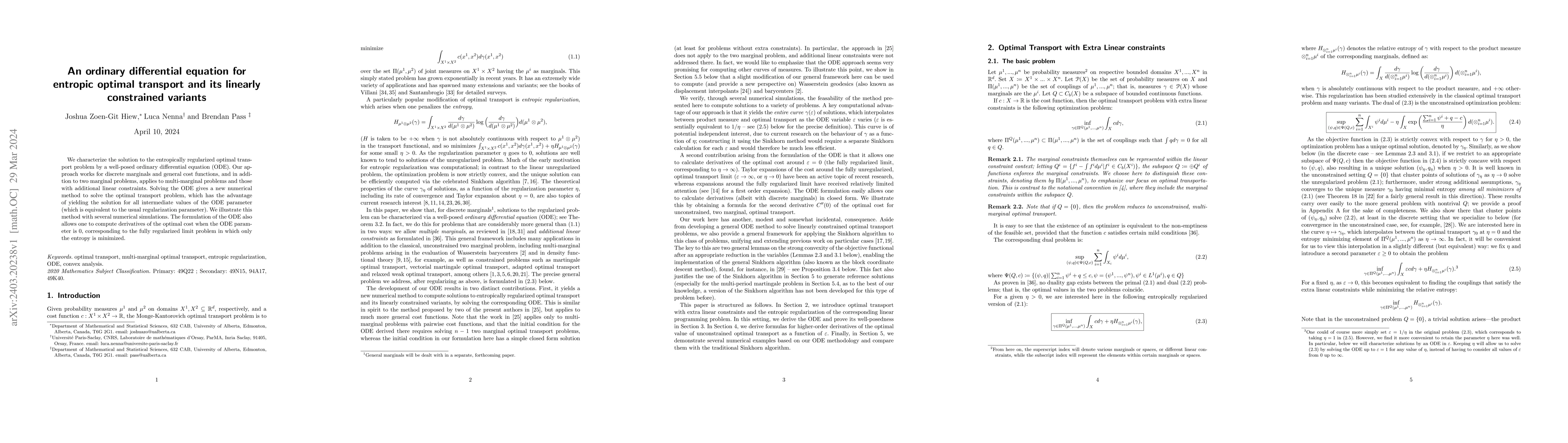 Thumbnail for An ordinary differential equation for entropic optimal transport and its
  linearly constrained variants