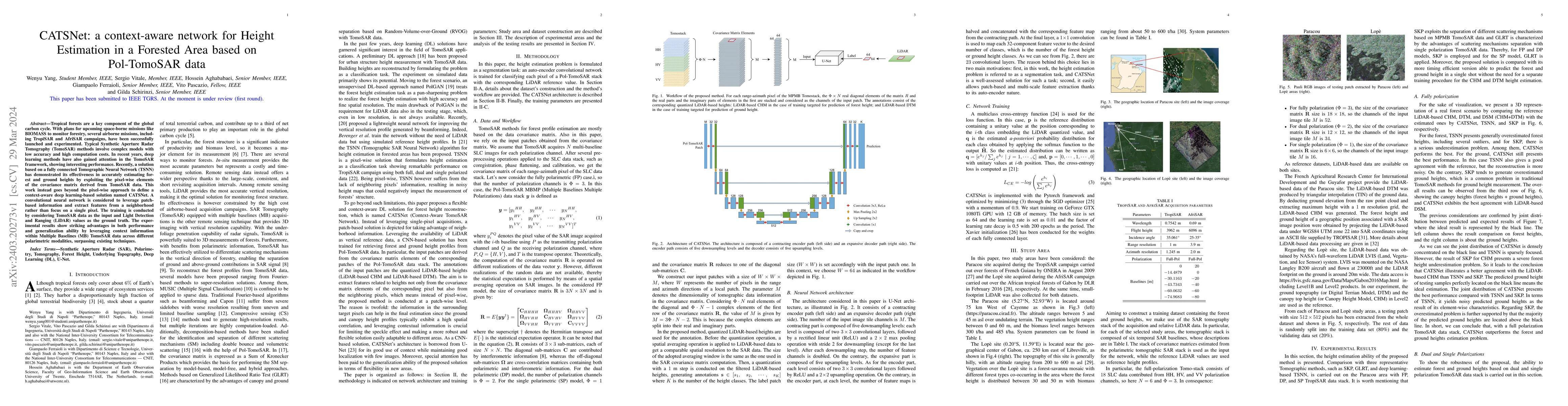 Thumbnail for CATSNet: a context-aware network for Height Estimation in a Forested
  Area based on Pol-TomoSAR data