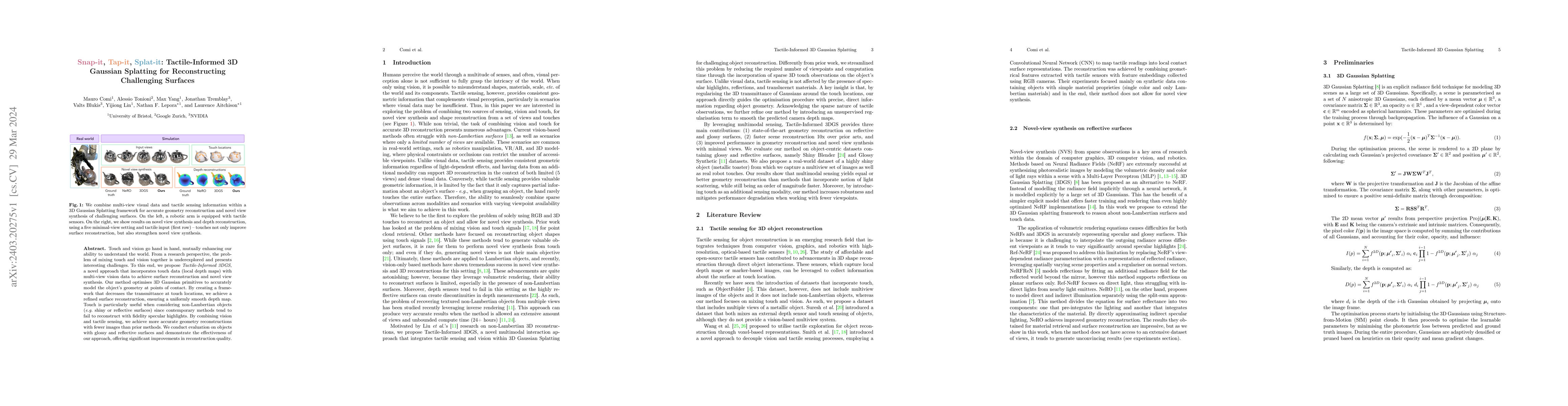 Thumbnail for Snap-it, Tap-it, Splat-it: Tactile-Informed 3D Gaussian Splatting for
  Reconstructing Challenging Surfaces