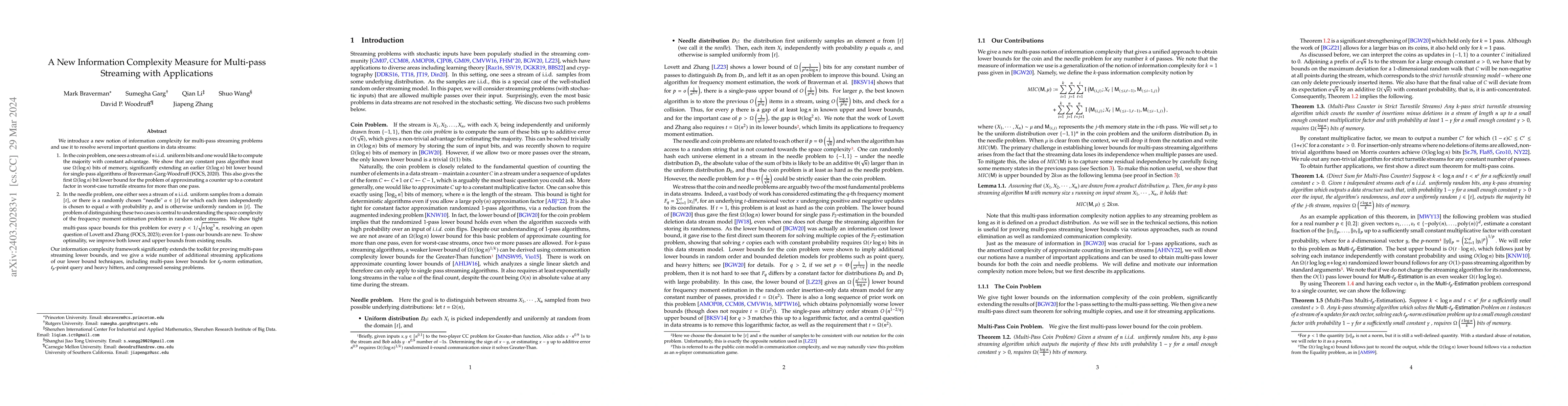 Thumbnail for A New Information Complexity Measure for Multi-pass Streaming with
  Applications