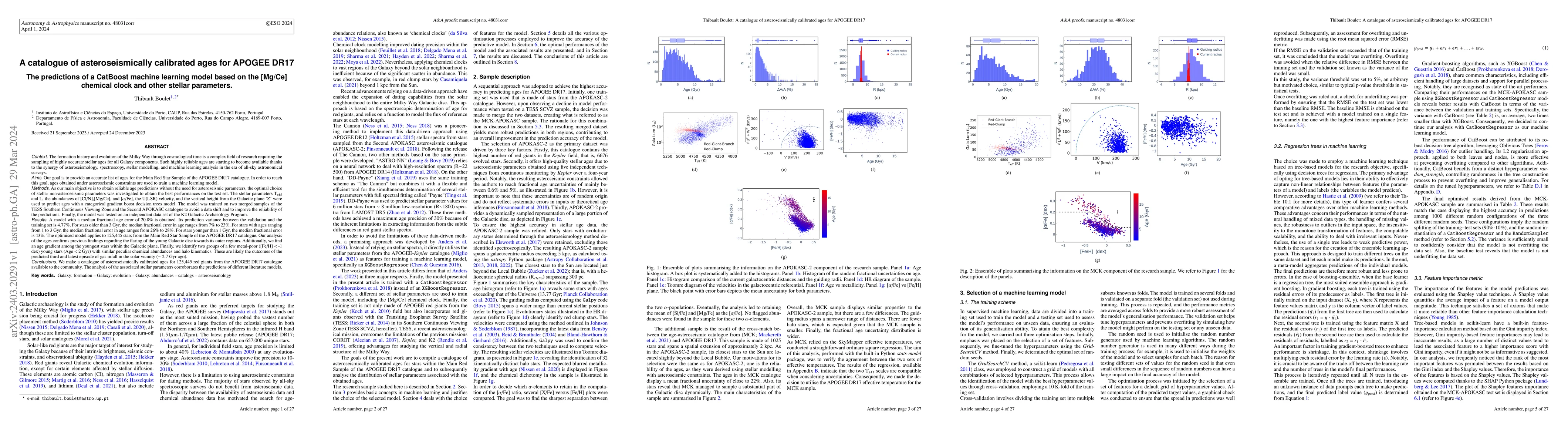 Thumbnail for A catalogue of asteroseismically calibrated ages for APOGEE DR17. The
  predictions of a CatBoost machine learning model based on the [Mg/Ce]
  chemical clock and other stellar parameters