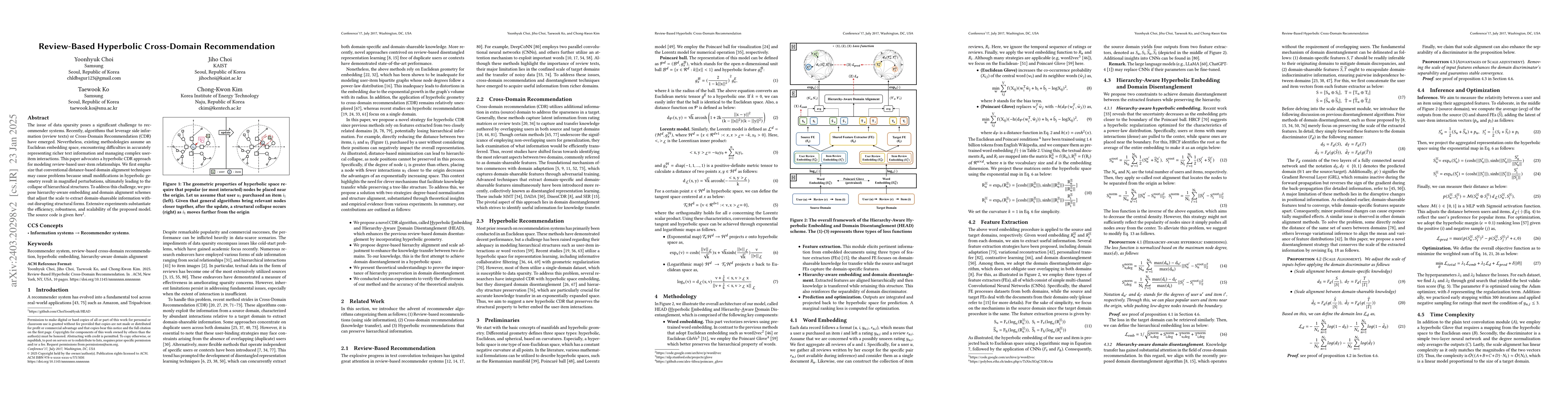 Thumbnail for Review-Based Cross-Domain Recommendation via Hyperbolic Embedding and
  Hierarchy-Aware Domain Disentanglement