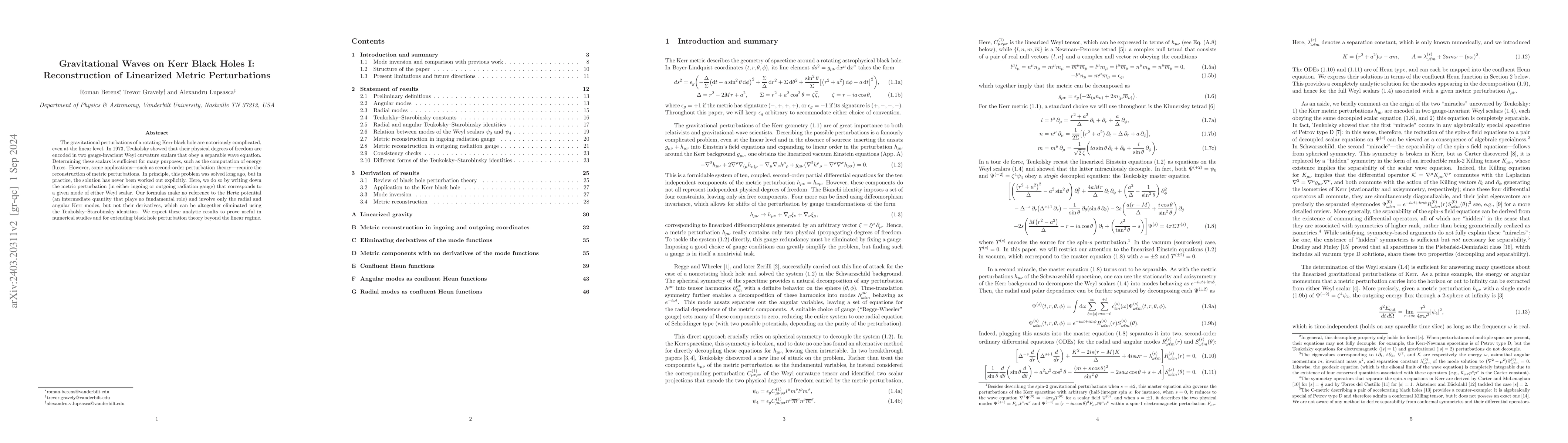 Thumbnail for Gravitational Waves on Kerr Black Holes I: Reconstruction of Linearized
  Metric Perturbations