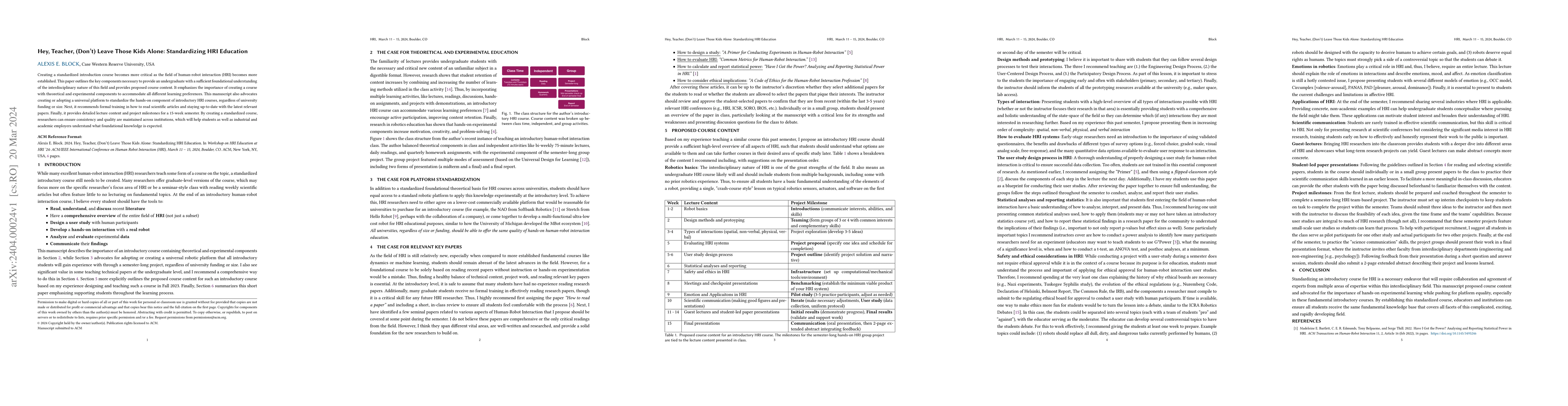 Thumbnail for Hey, Teacher, (Don't) Leave Those Kids Alone: Standardizing HRI
  Education