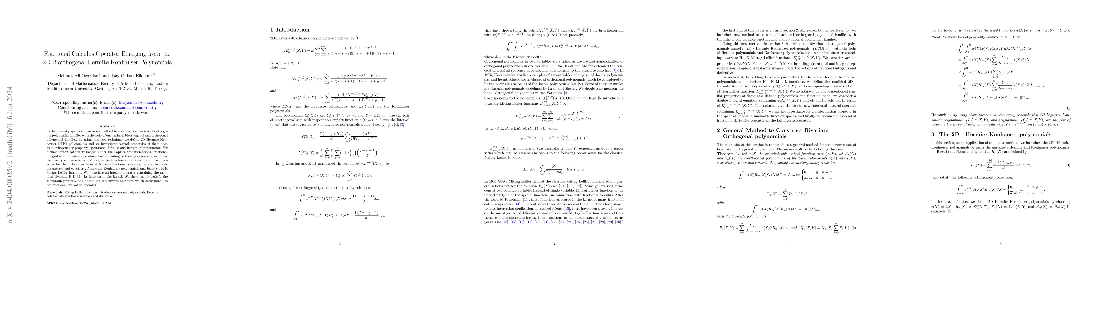 Thumbnail for Fractional Calculus Operator Emerging from the 2D Biorthogonal Hermite
  Konhauser Polynomials