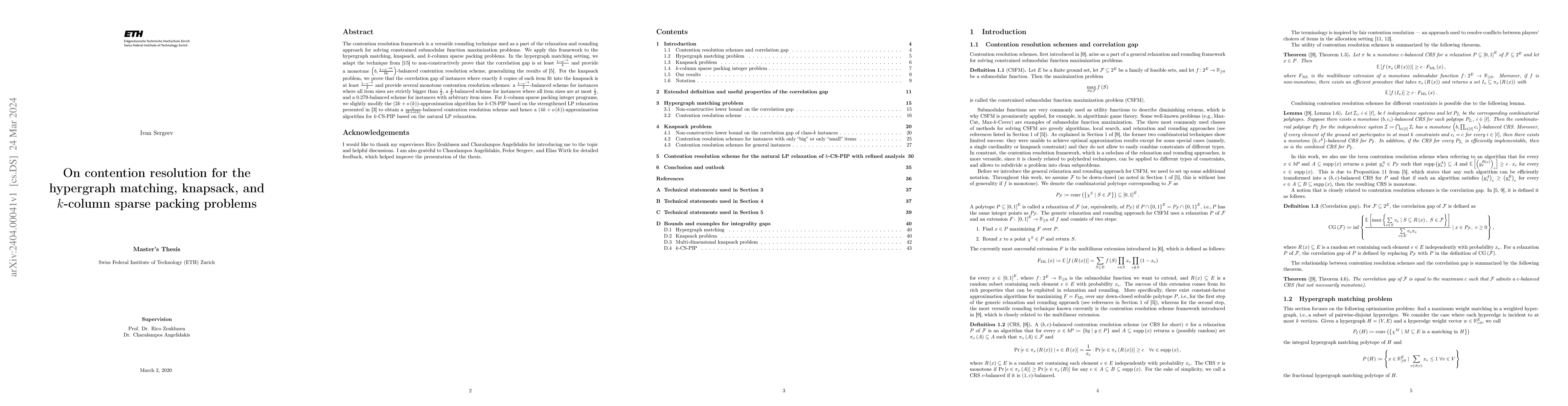 Thumbnail for On contention resolution for the hypergraph matching, knapsack, and
  $k$-column sparse packing problems
