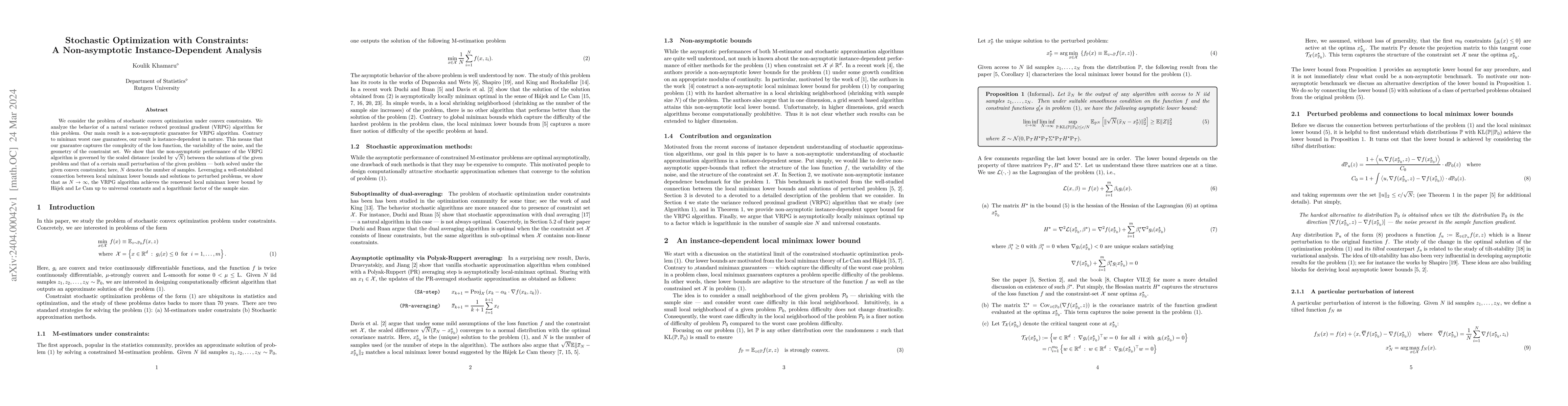 Thumbnail for Stochastic Optimization with Constraints: A Non-asymptotic
  Instance-Dependent Analysis