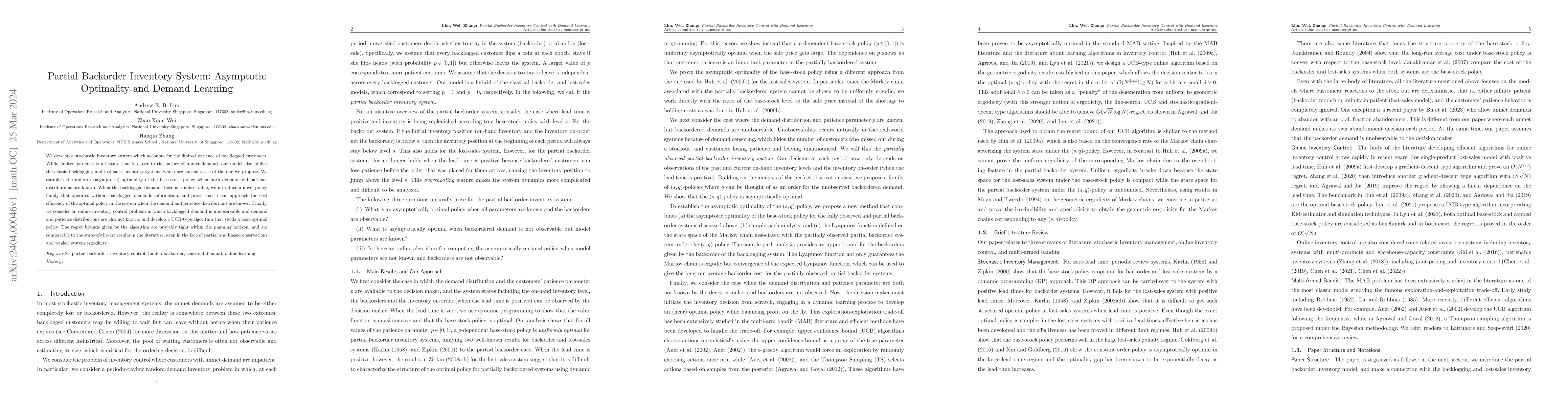 Thumbnail for Partial Backorder Inventory System: Asymptotic Optimality and Demand
  Learning