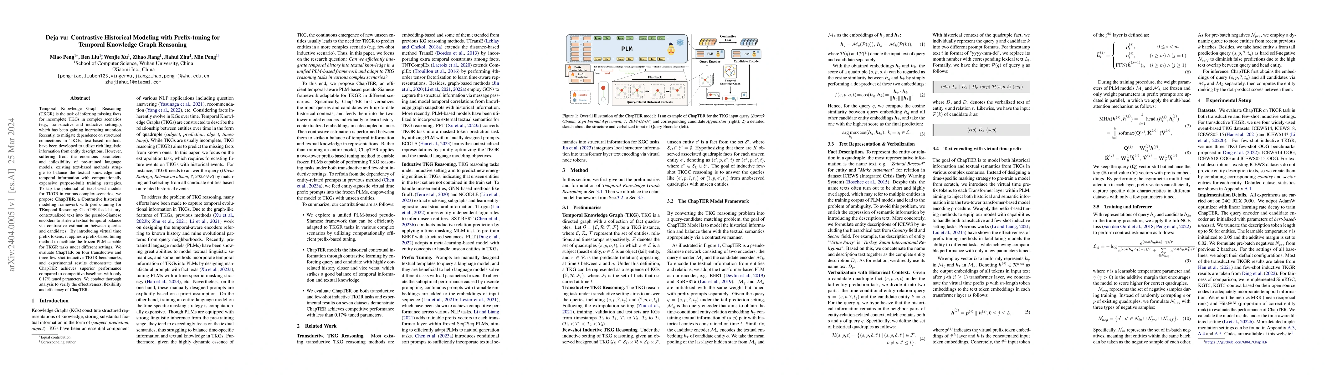 Thumbnail for Deja vu: Contrastive Historical Modeling with Prefix-tuning for Temporal
  Knowledge Graph Reasoning
