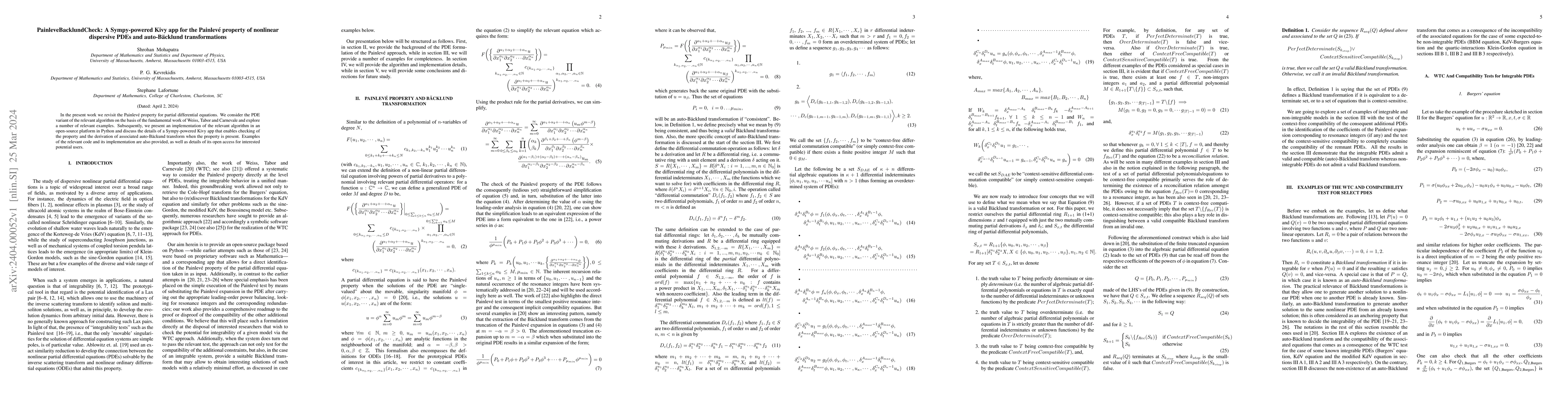 Thumbnail for PainleveBacklundCheck: A Sympy-powered Kivy app for the Painlev\'e
  property of nonlinear dispersive PDEs and auto-B\"acklund transformations