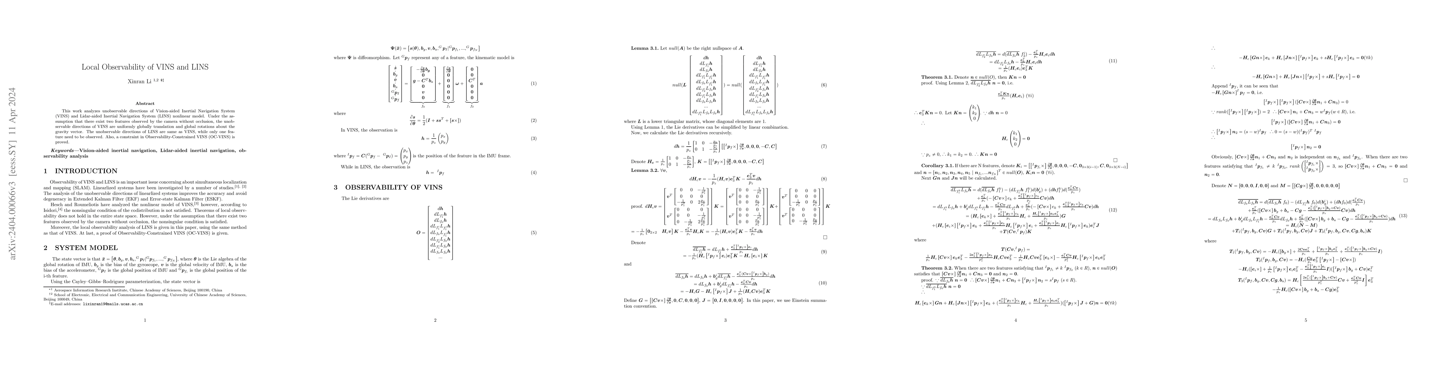 Thumbnail for Local Observability of VINS and LINS