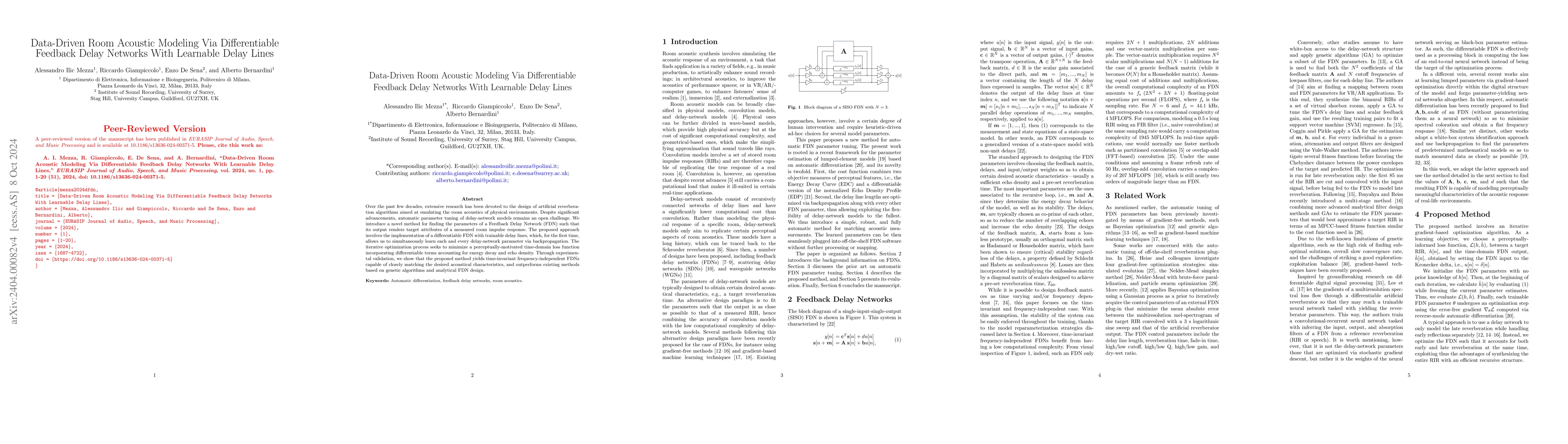 Thumbnail for Data-Driven Room Acoustic Modeling Via Differentiable Feedback Delay
  Networks With Learnable Delay Lines