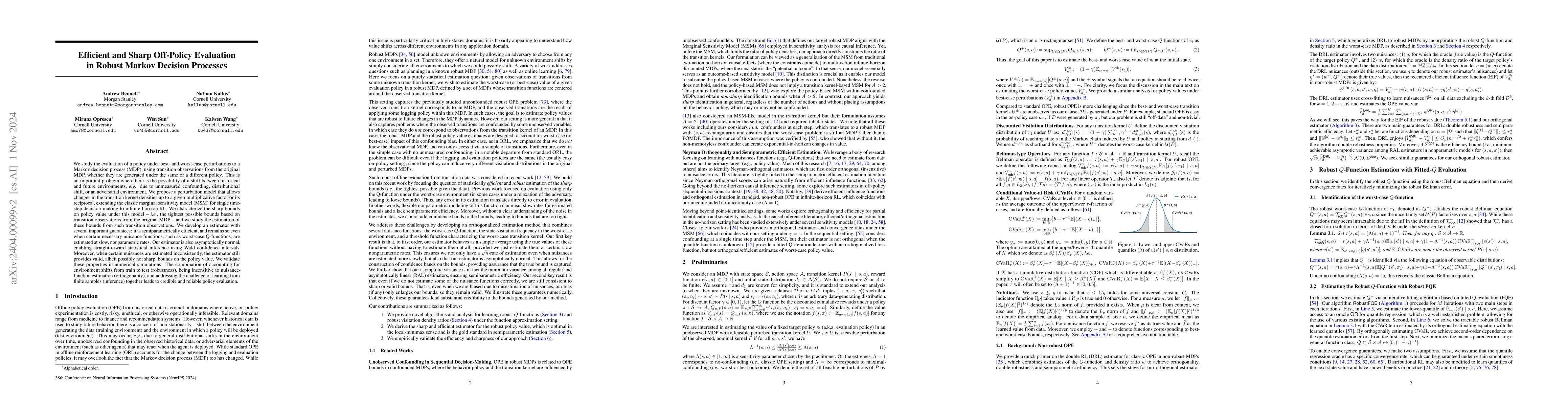 Thumbnail for Efficient and Sharp Off-Policy Evaluation in Robust Markov Decision
  Processes
