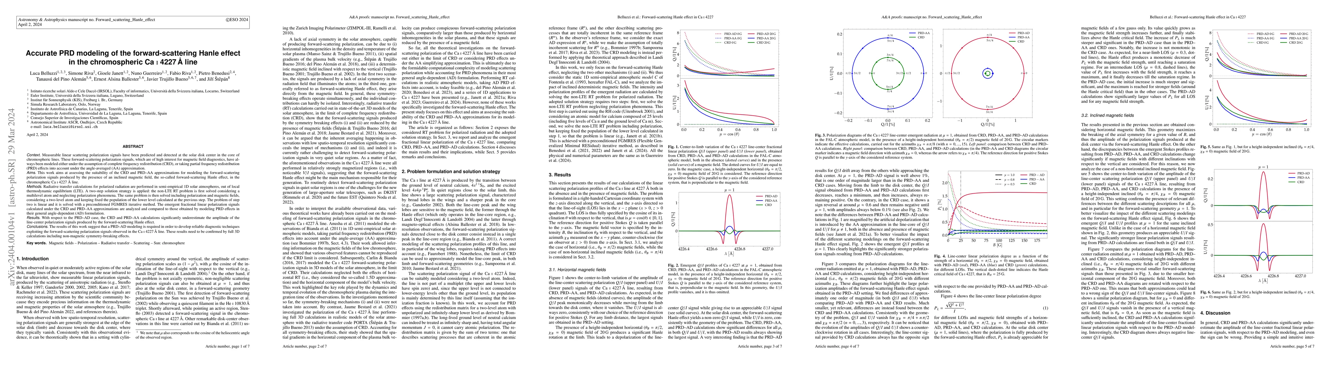 Thumbnail for Accurate PRD modeling of the forward-scattering Hanle effect in the
  chromospheric CaI 4227 {\AA} line