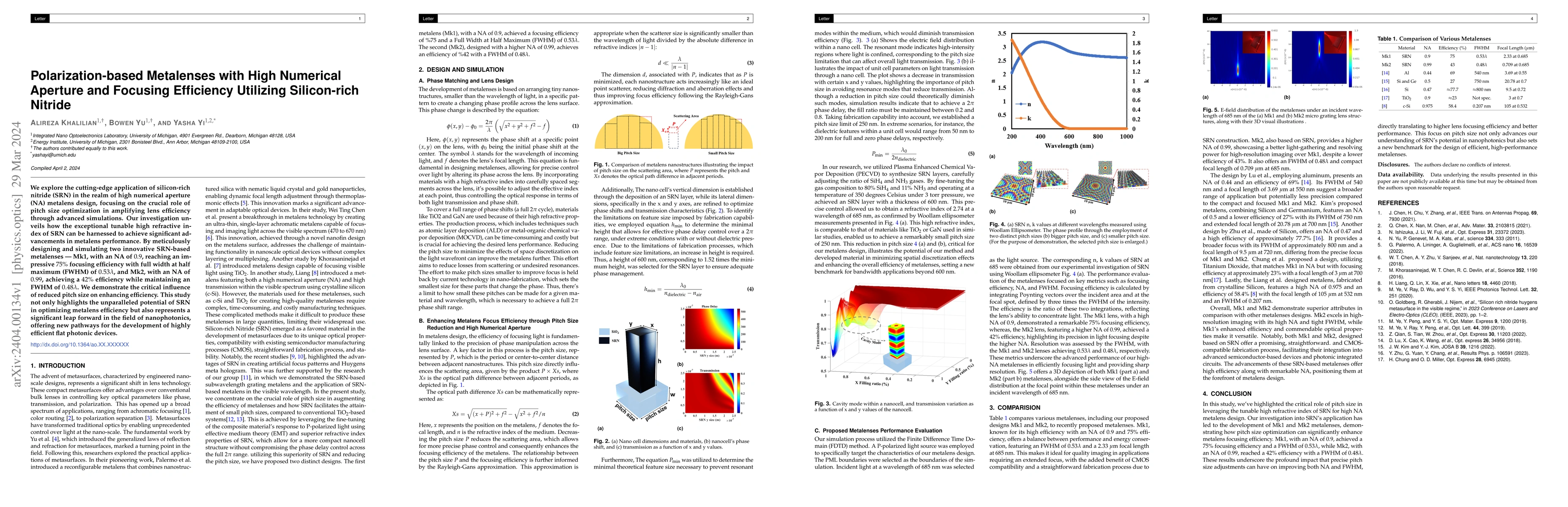 Thumbnail for Polarization-based Metalenses with High Numerical Aperture and Focusing
  Efficiency Utilizing Silicon-rich Nitride