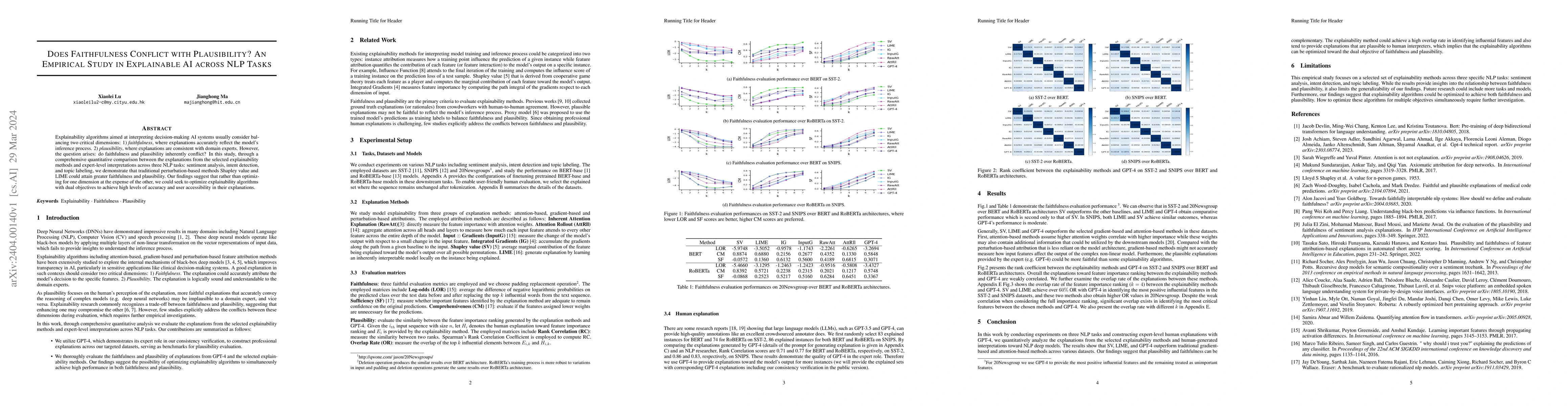 Thumbnail for Does Faithfulness Conflict with Plausibility? An Empirical Study in
  Explainable AI across NLP Tasks