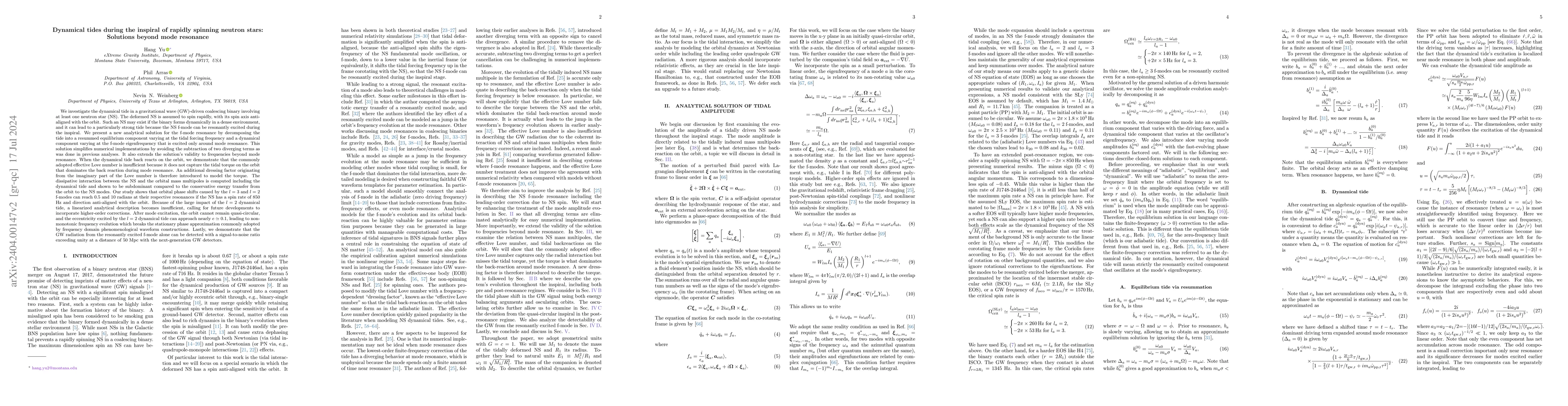 Thumbnail for Dynamical tides during the inspiral of rapidly spinning neutron stars:
  Solutions beyond mode resonance
