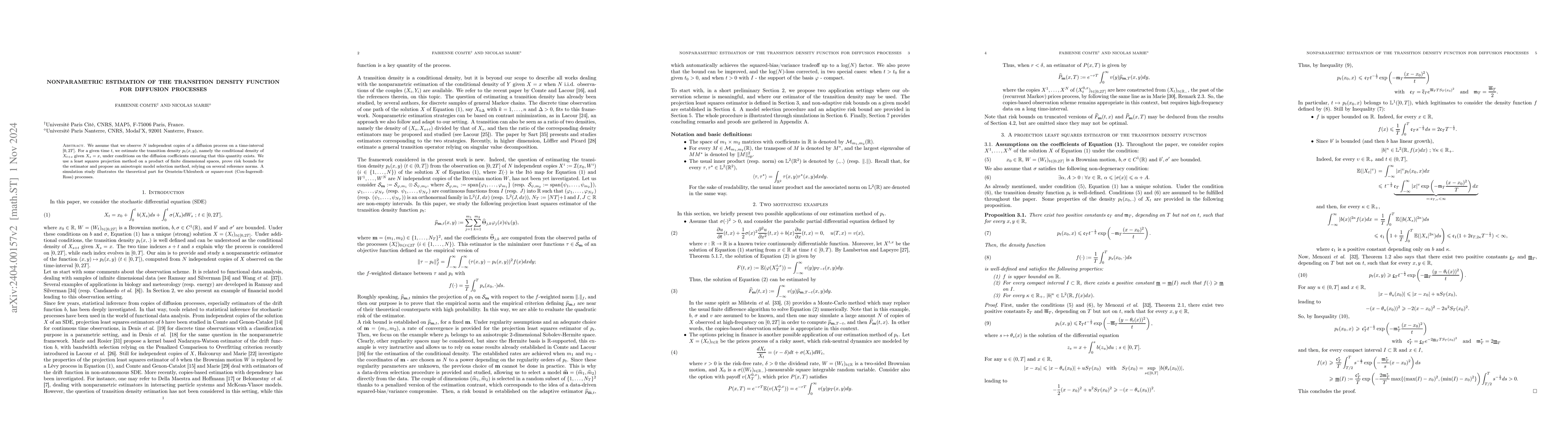 Thumbnail for Nonparametric Estimation of the Transition Density Function for
  Diffusion Processes