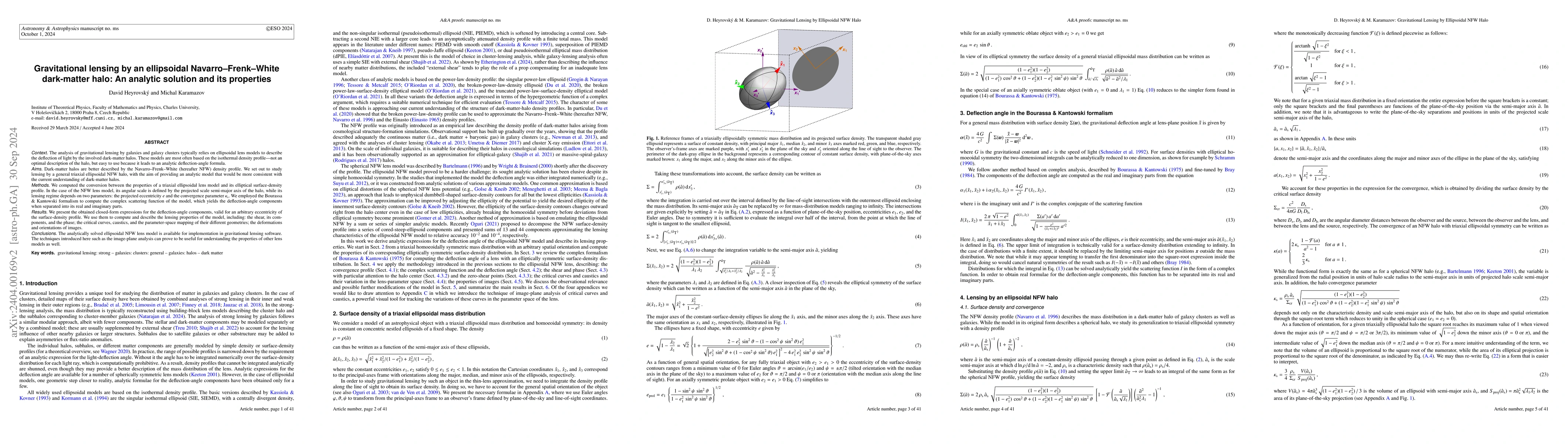 Thumbnail for Gravitational lensing by an ellipsoidal Navarro--Frenk--White
  dark-matter halo: an analytic solution and its properties