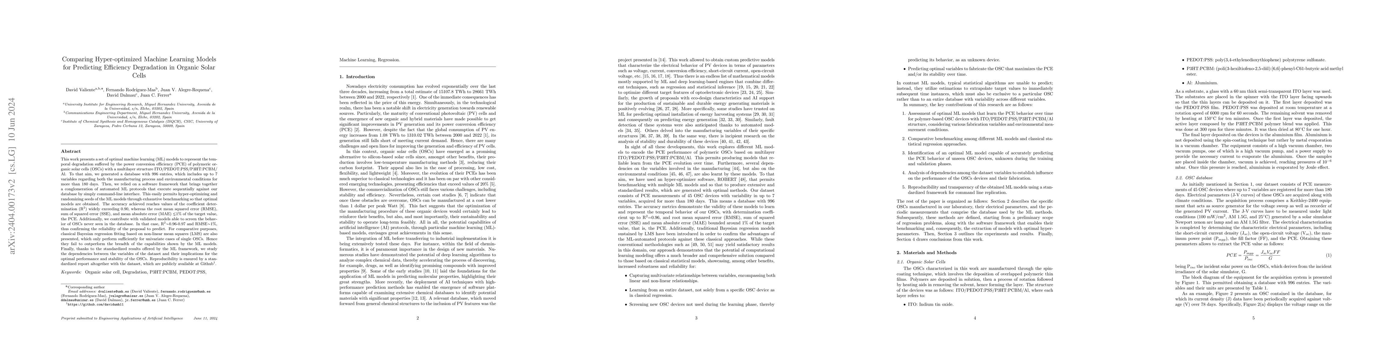 Thumbnail for Comparing Hyper-optimized Machine Learning Models for Predicting
  Efficiency Degradation in Organic Solar Cells