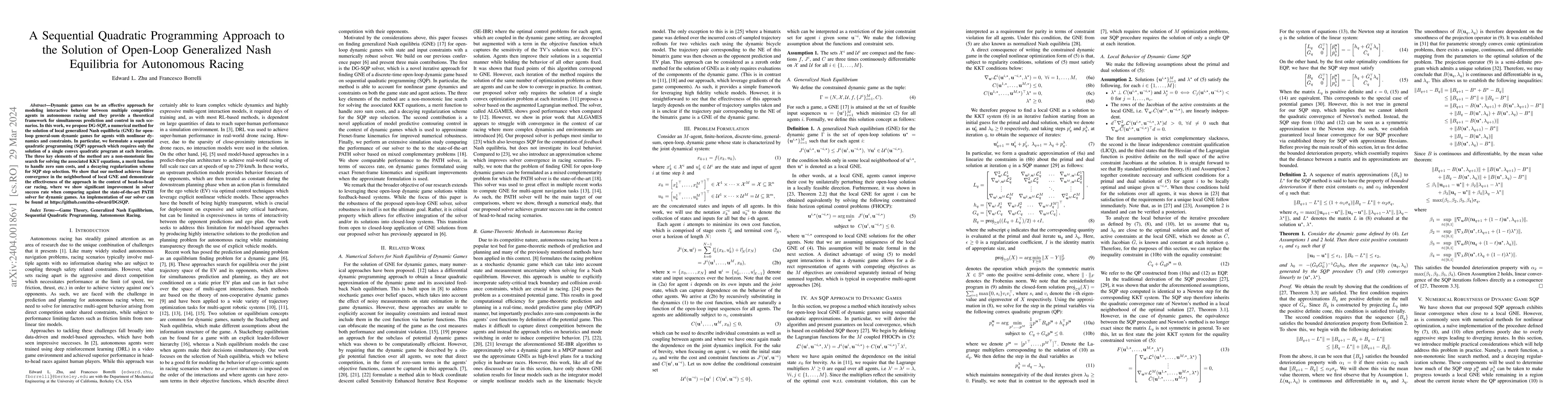 Thumbnail for A Sequential Quadratic Programming Approach to the Solution of Open-Loop
  Generalized Nash Equilibria for Autonomous Racing