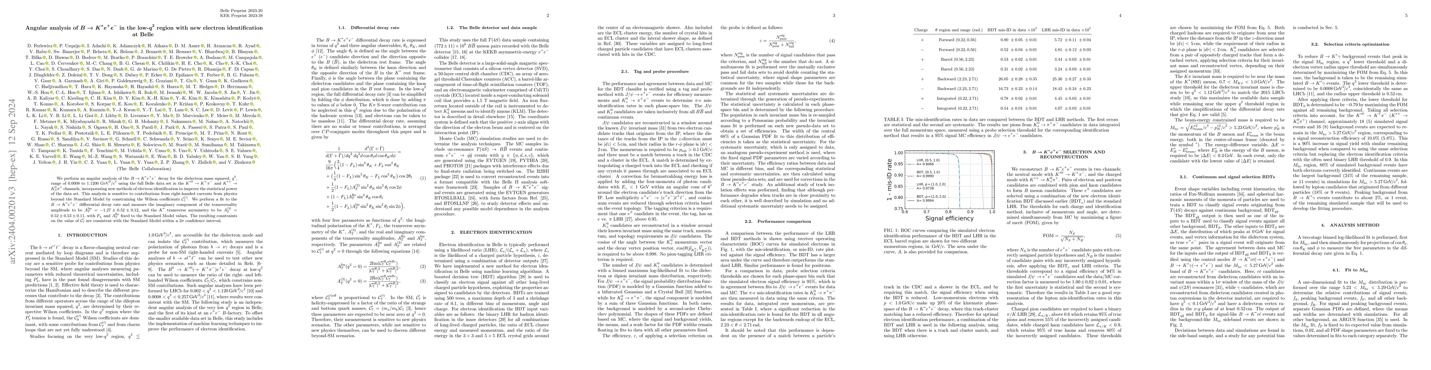 Thumbnail for Angular analysis of $B \to K^* e^+ e^-$ in the low-$q^2$ region with new
  electron identification at Belle