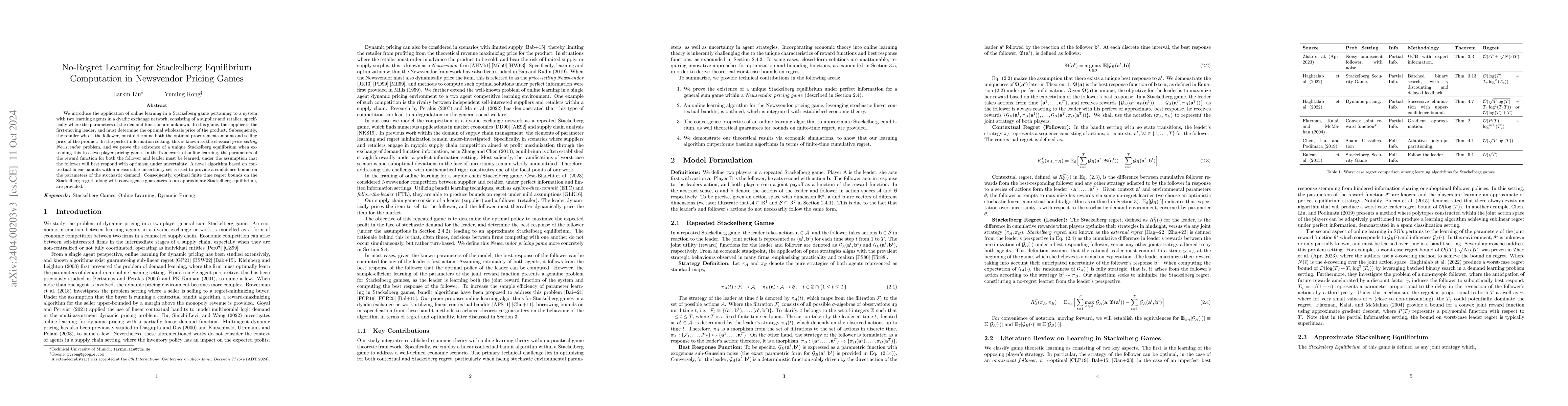 Thumbnail for No-Regret Learning for Stackelberg Equilibrium Computation in Newsvendor
  Pricing Games