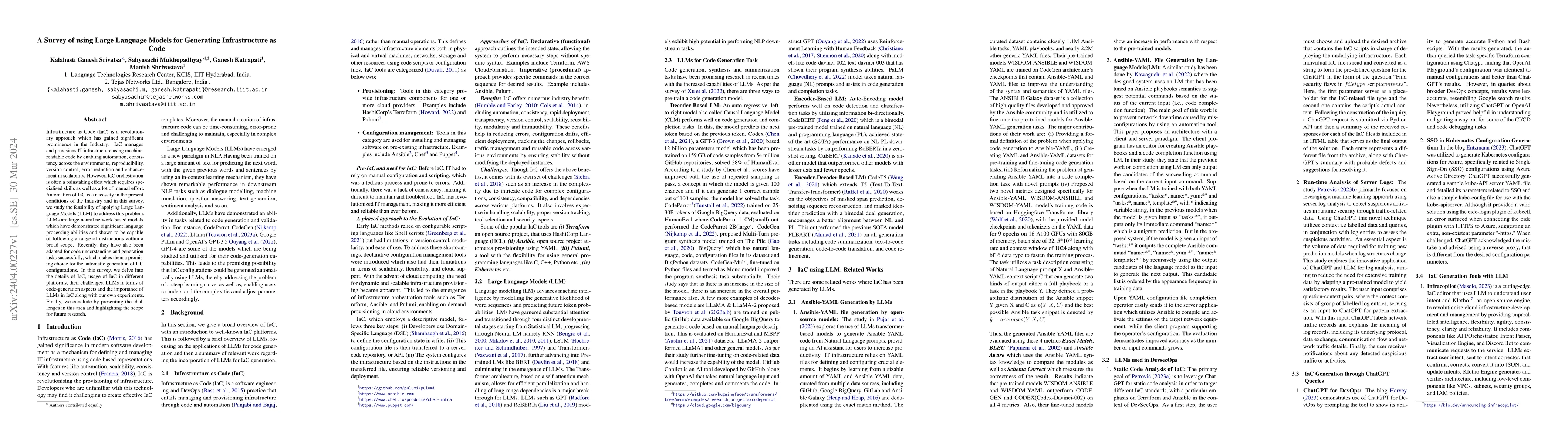 Thumbnail for A Survey of using Large Language Models for Generating Infrastructure as
  Code