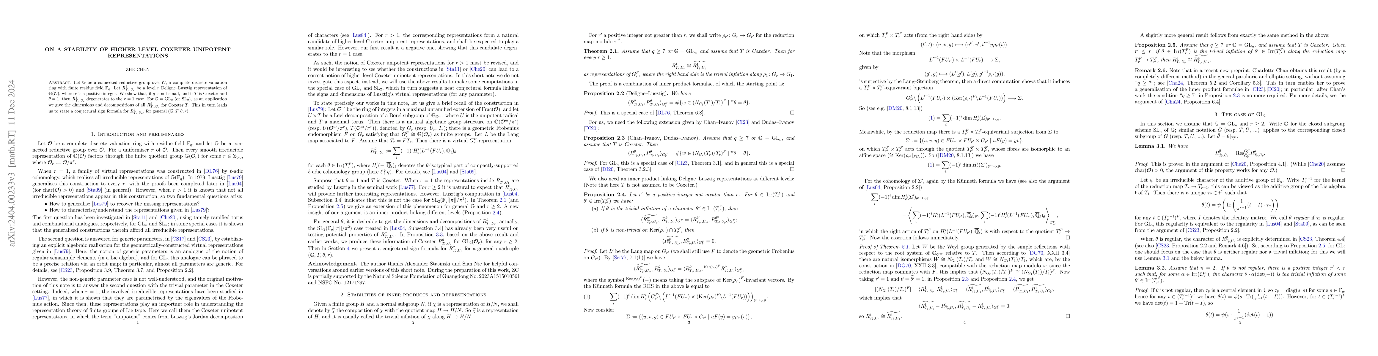 Thumbnail for On a stability of higher level Coxeter unipotent representations