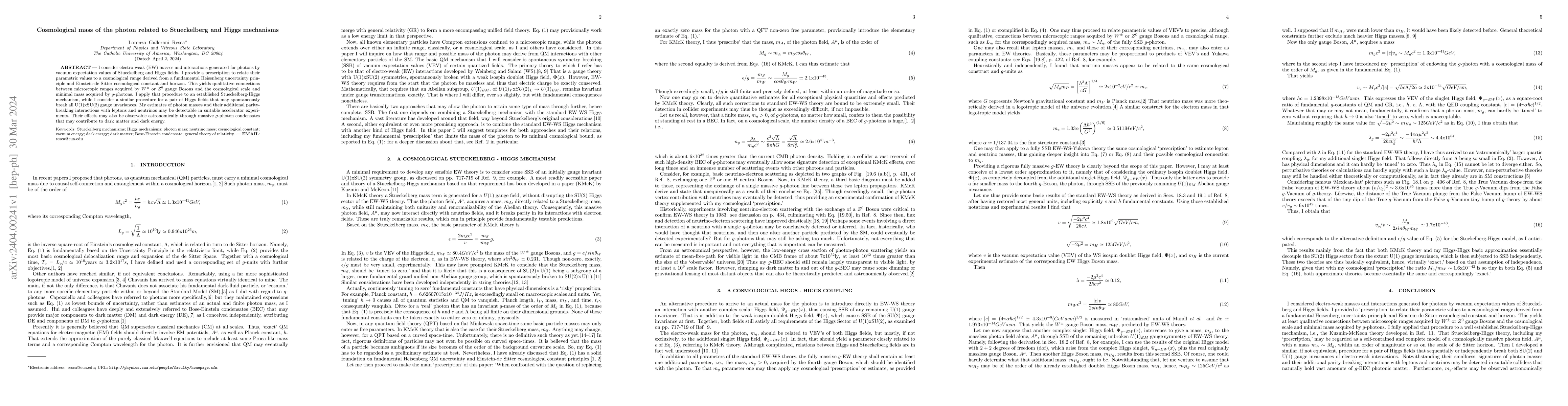 Thumbnail for Cosmological mass of the photon related to Stueckelberg and Higgs
  mechanisms