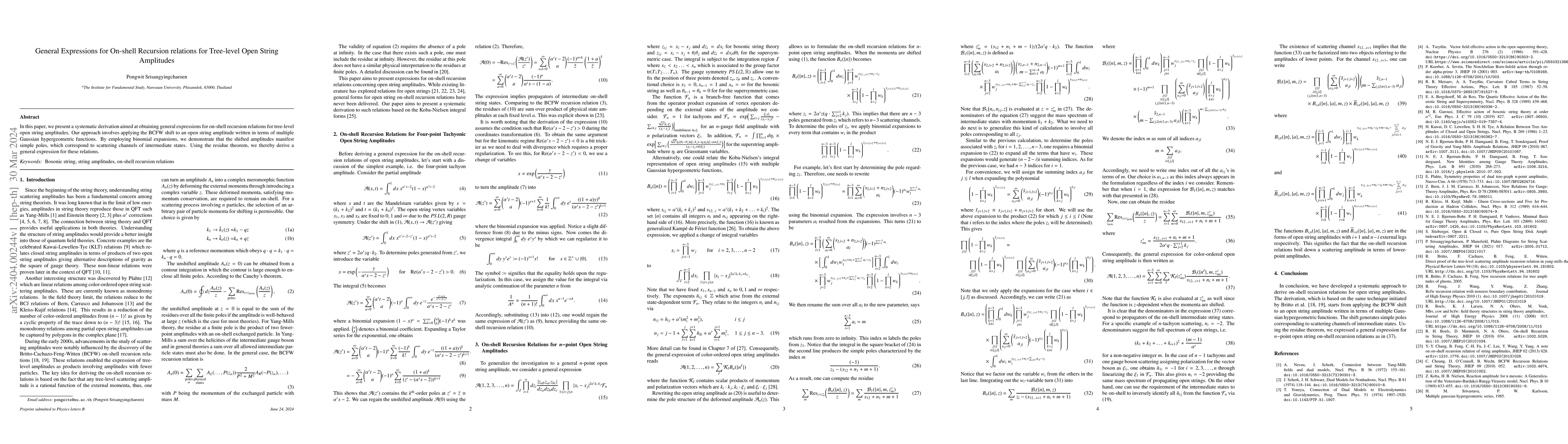 Thumbnail for General Expressions for On-shell Recursion relations for Tree-level Open
  String Amplitudes