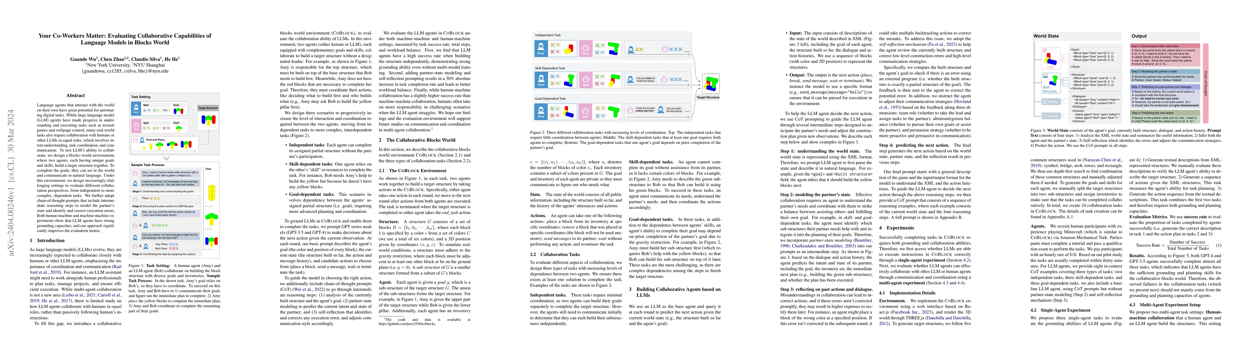 Thumbnail for Your Co-Workers Matter: Evaluating Collaborative Capabilities of
  Language Models in Blocks World