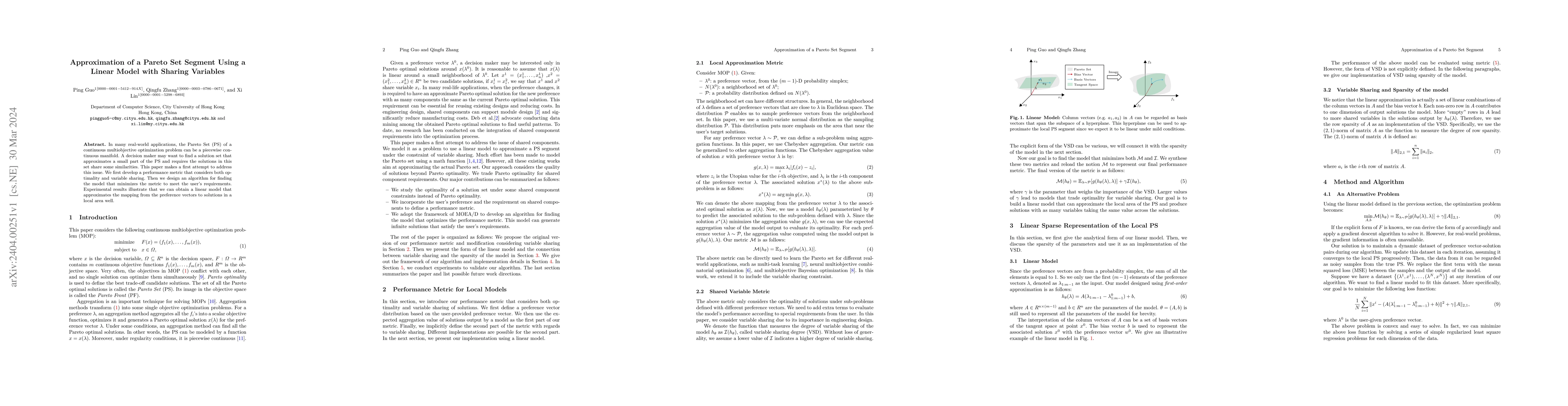 Thumbnail for Approximation of a Pareto Set Segment Using a Linear Model with Sharing
  Variables