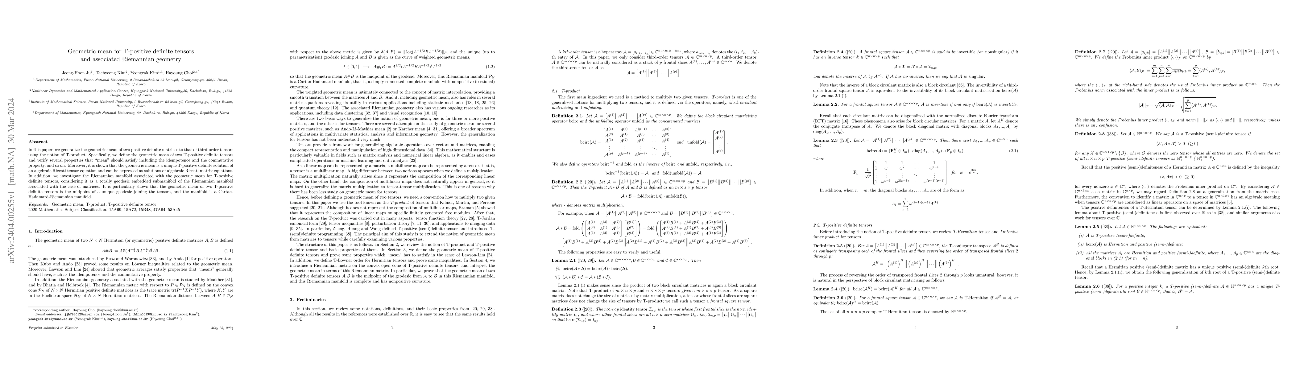 Thumbnail for Geometric mean for T-positive definite tensors and associated Riemannian
  geometry