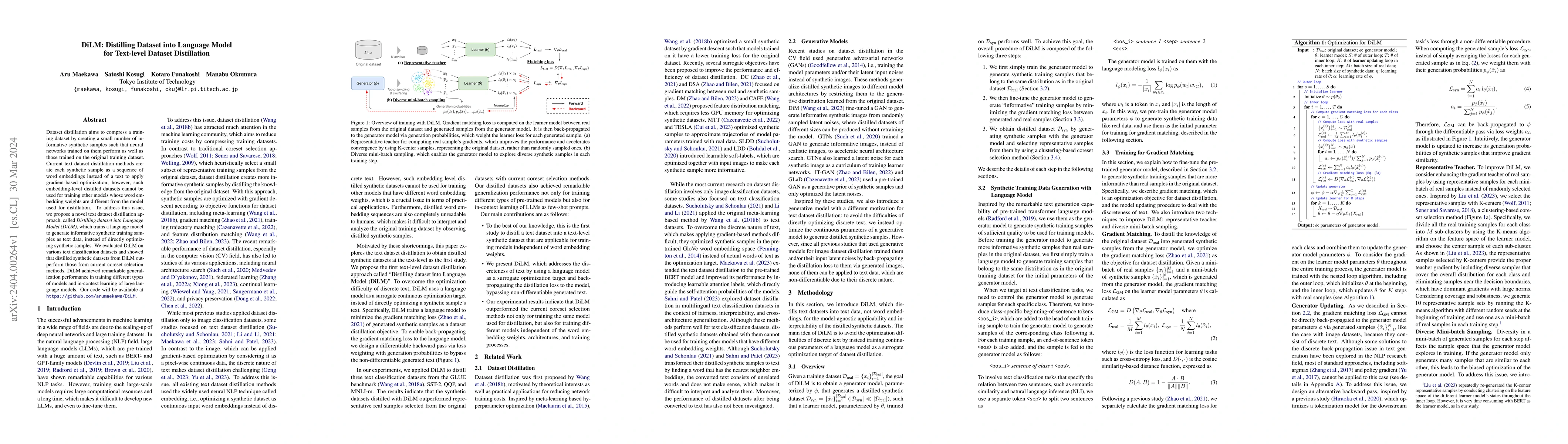 Thumbnail for DiLM: Distilling Dataset into Language Model for Text-level Dataset
  Distillation